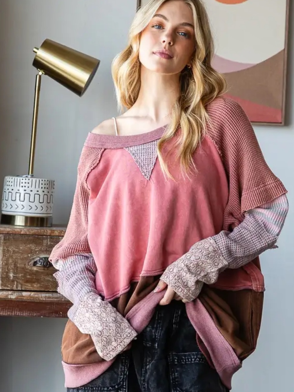 Oli & Hali | Patchwork Pullover Sweatshirt w/pockets in Dusty Rose & Brown Sz XL